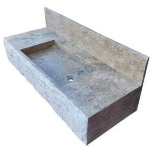Stone sink Villohome, silver travertine rectangular wall-mount bathroom sink with 8-inch backsplash