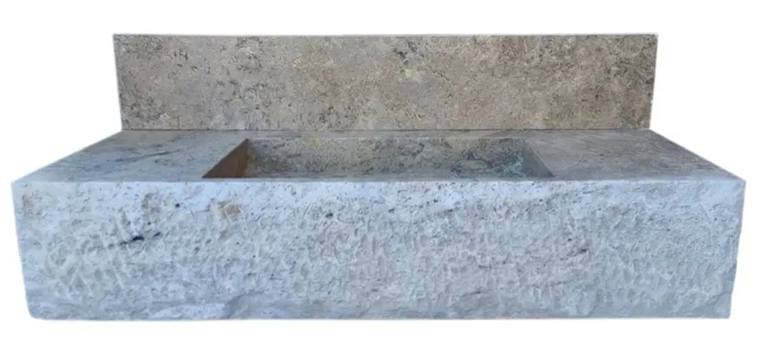 Rectangular wall-mount bathroom sink in silver travertine, Villohome rustic style with 8-inch backsplash