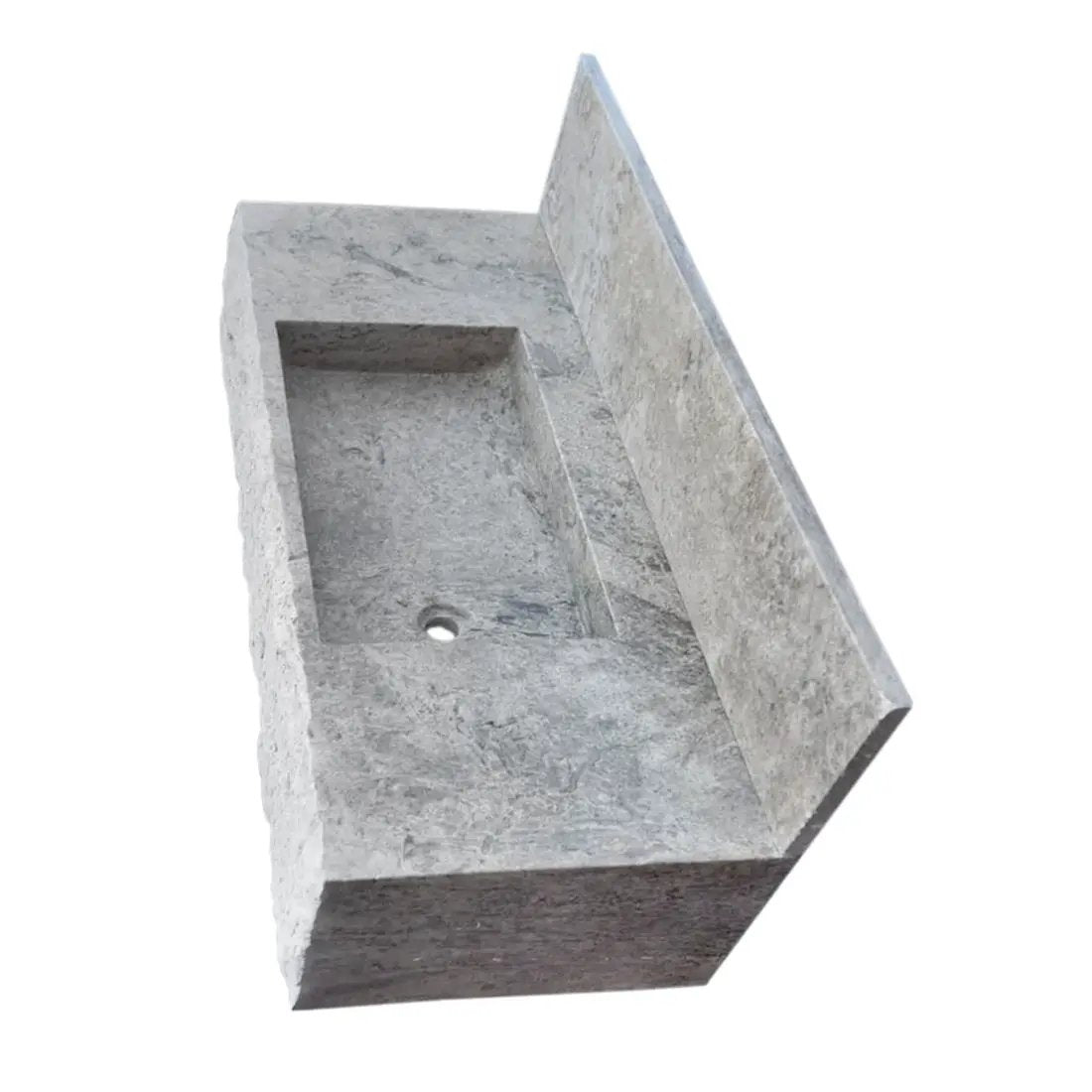 Rectangular wall-mount bathroom sink in silver travertine with 8-inch backsplash