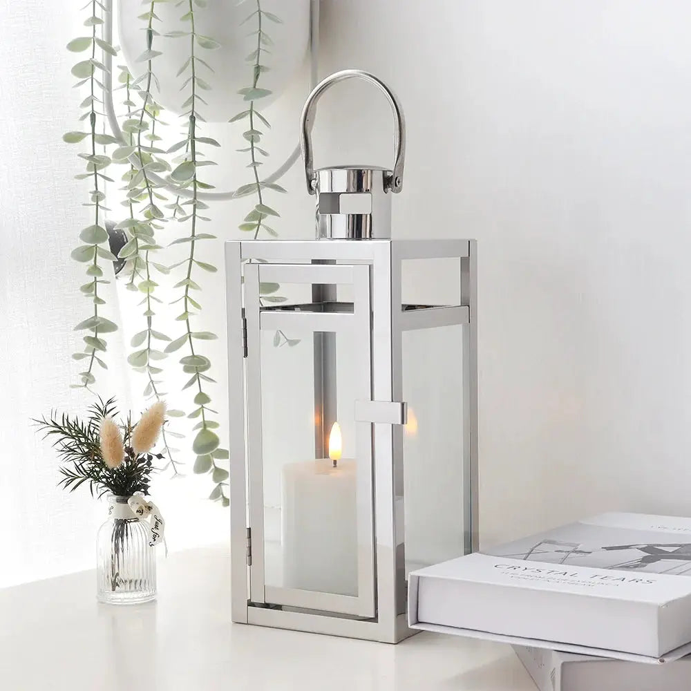 12'' High Metal Decorative Candle Lantern (Silver) with glass panels and a hanging loop