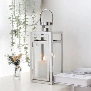12'' High Metal Decorative Candle Lantern (Silver) with glass panels and a hanging loop
