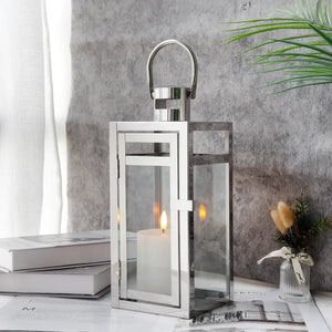 12'' High metal decorative candle lantern, silver with glass panels by JHY DESIGN.