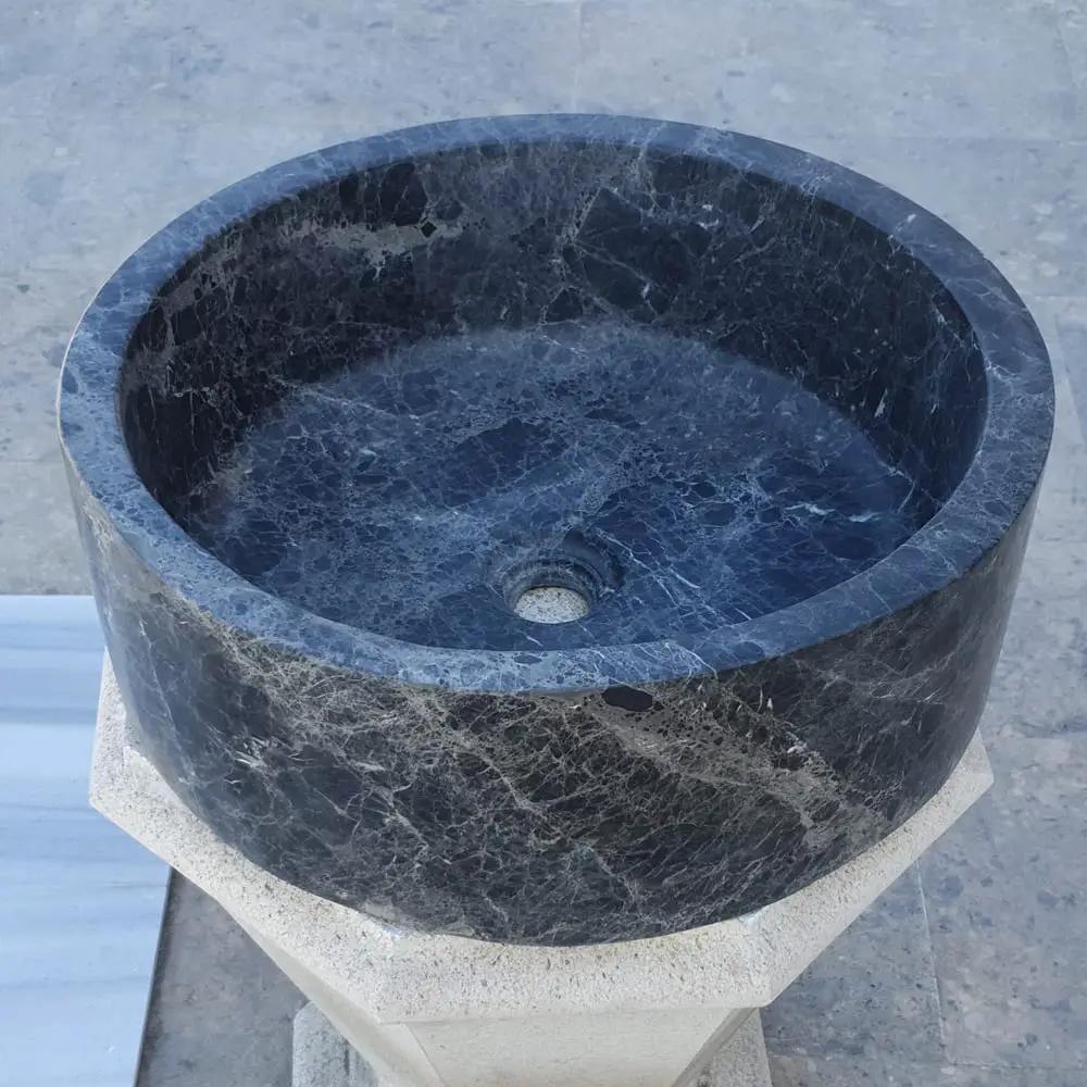 Natural Stone Sirius Black Marble bathroom sink, above-vanity circular polished blue-black stone basin.