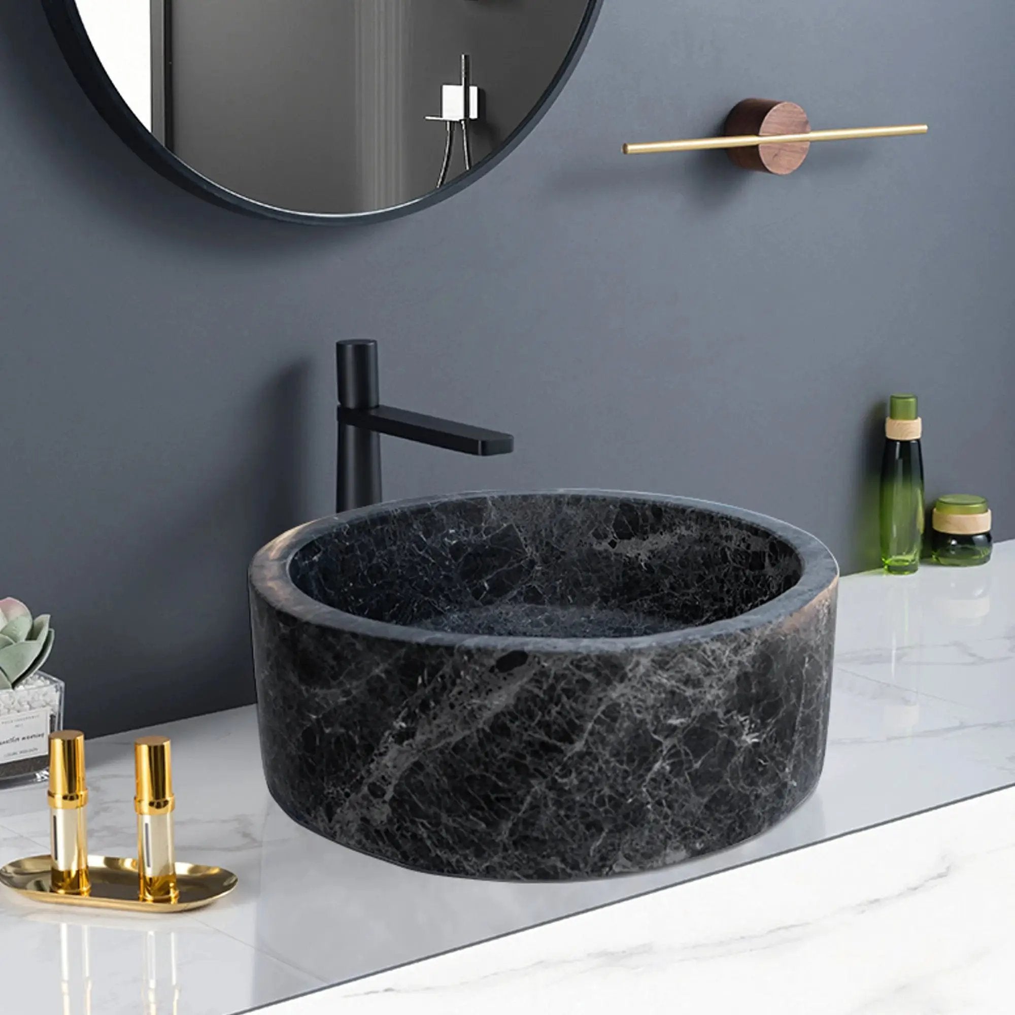 Natural Stone Sirius Black marble bathroom vanity sink, round polished black vessel with gray veining