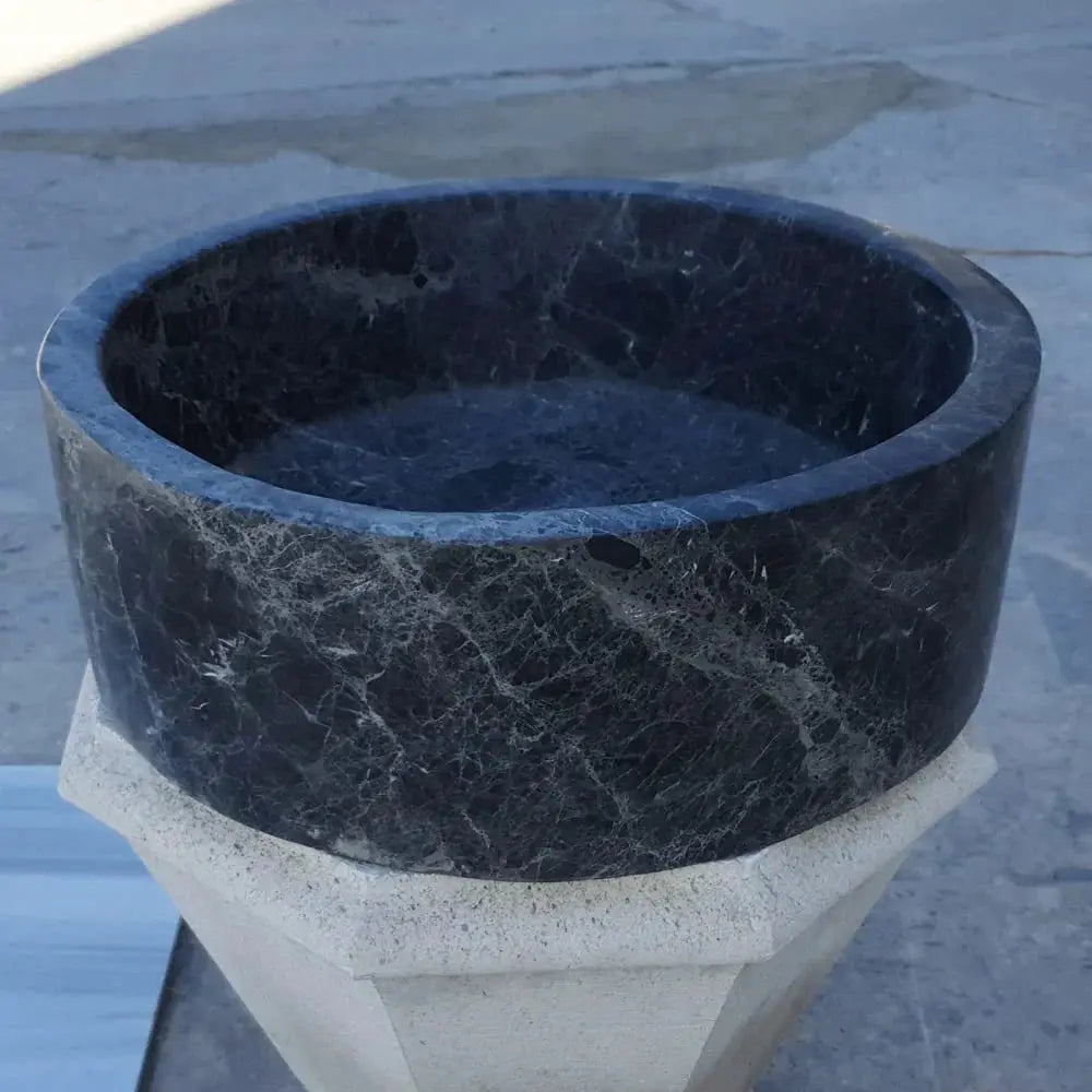 Natural Stone Sirius Black marble above-counter bathroom sink, round black polished bowl on light pedestal