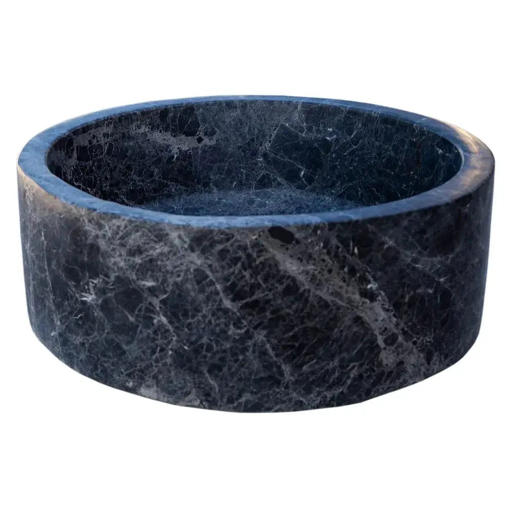 Natural Stone Sirius Black Marble bathroom sink, round above-vanity stone basin, polished dark with white veining