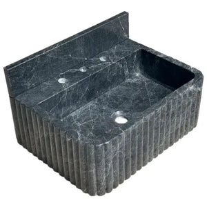 Sirius Black Marble wall-mount bathroom sink by Villohome; dark ribbed stone with 4-inch backsplash and faucet holes