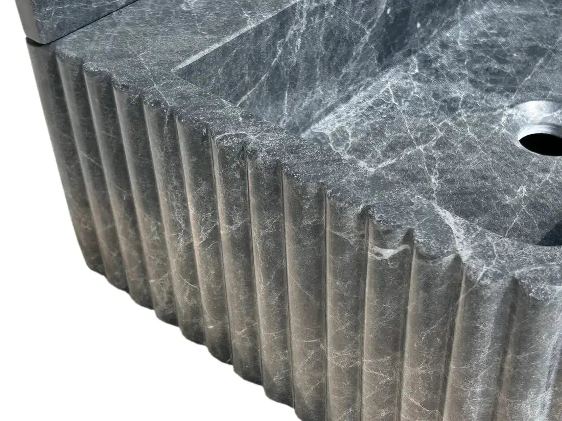 Villohome Sirius Black Marble wall-mount bathroom sink, ribbed dark gray stone with 4-inch backsplash, 16W x 20L x 8H