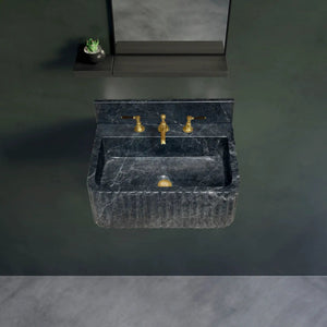 Sirius Black Marble wall-mount bathroom sink ribbed with 4in backsplash and brass faucet