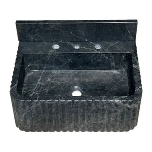 Villohome Sirius Black Marble wall-mount bathroom sink, ribbed with 4-inch backsplash, black stone, 16x20x8 in.
