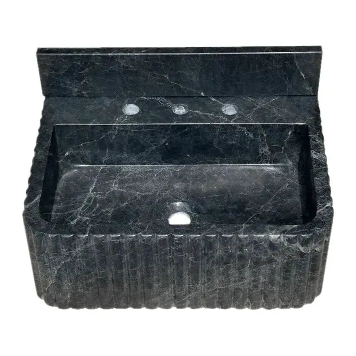 Villohome Sirius Black Marble wall-mount bathroom sink, ribbed with 4-inch backsplash, black stone, 16x20x8 in.