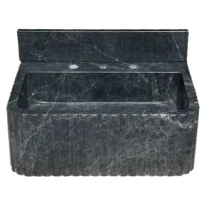 Villohome Sirius Black Marble wall-mount bathroom sink, ribbed black stone with 4-inch backsplash, 16x20x8 inches.