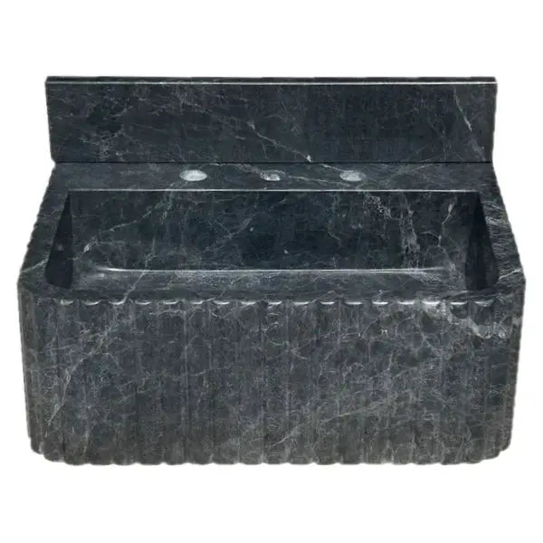 Villohome Sirius Black Marble wall-mount bathroom sink, ribbed black stone with 4-inch backsplash, 16x20x8 inches.