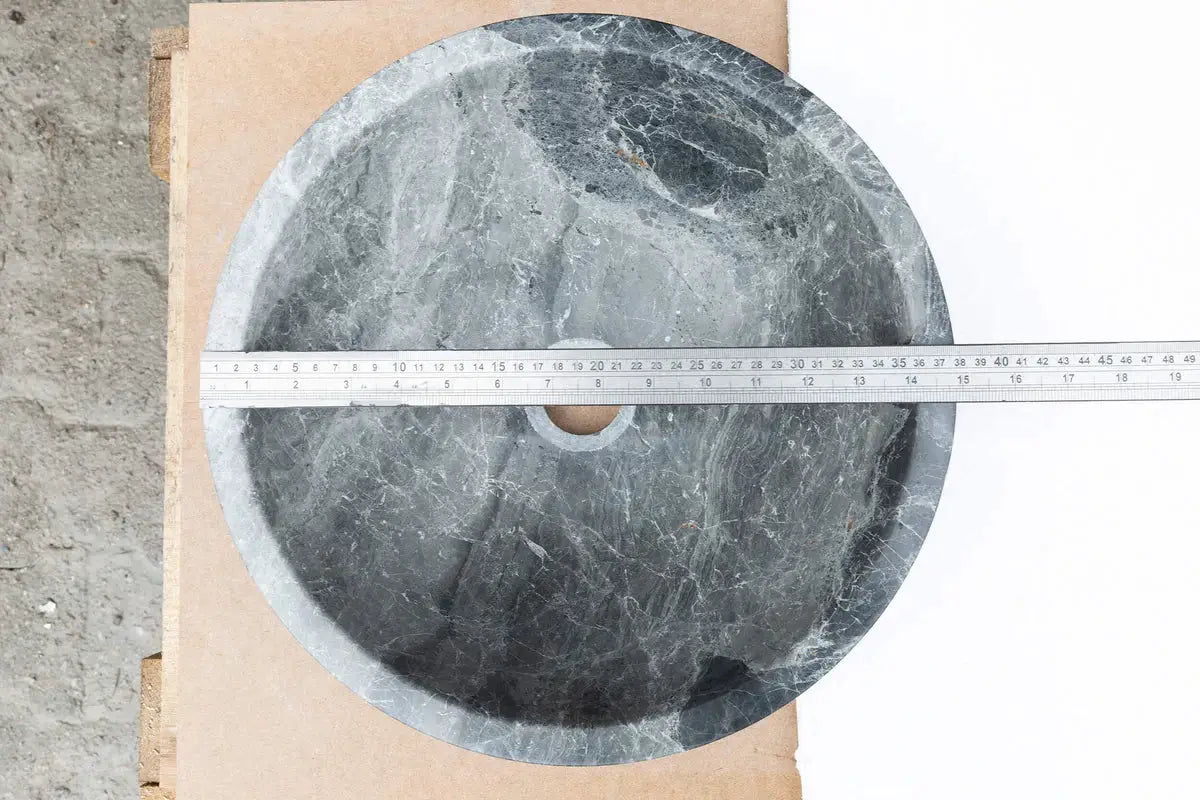 Sirius gray marble vessel bathroom sink by Villohome, round 15 in diameter, polished for above-vanity use.