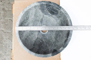 Sirius gray marble vessel bathroom sink by Villohome, round 15 in diameter, polished for above-vanity use.