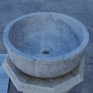 Sirius Silver Marble bathroom sink, round natural stone above-counter vessel, 16 dia, blue-gray, Villohome.