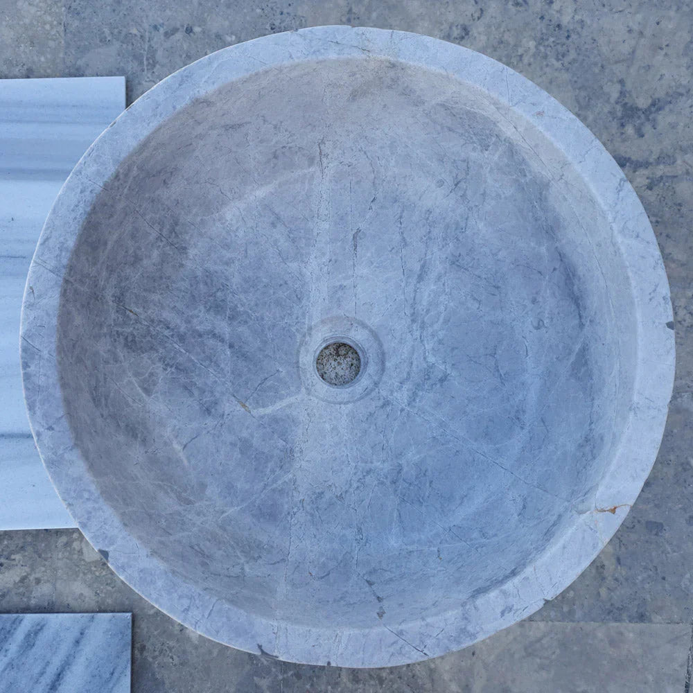 Sirius Silver Marble natural stone bathroom sink, round, grey-veined finish, 16-inch diameter with central drain