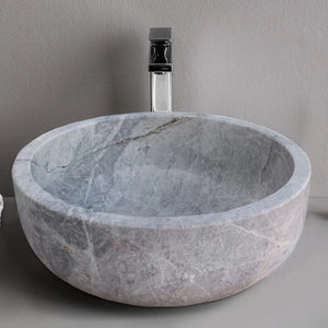 Natural Stone Sirius Silver Marble vessel sink by Villohome, 16-inch diameter gray marble bowl with chrome faucet.