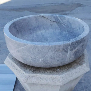 Natural Stone Sirius Silver Marble bathroom vessel sink by Villohome, round blue-gray bowl, 16-inch diameter