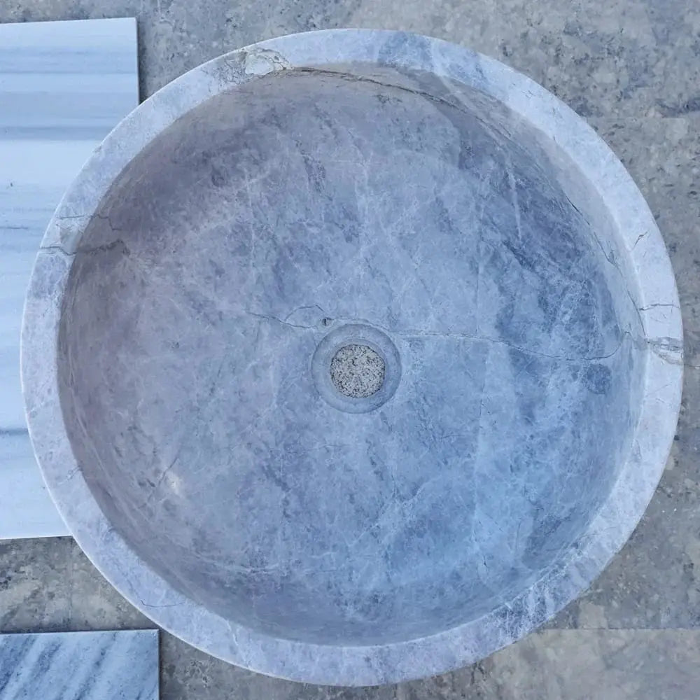Bathroom vessel sink, natural Sirius Silver Marble round gray stone bowl, 16-inch diameter