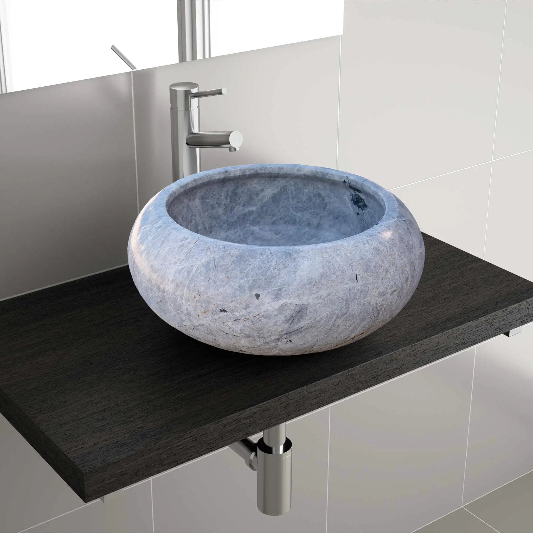 Natural Stone Sirius Silver Marble bathroom sink, round blue-gray stone vessel with chrome faucet