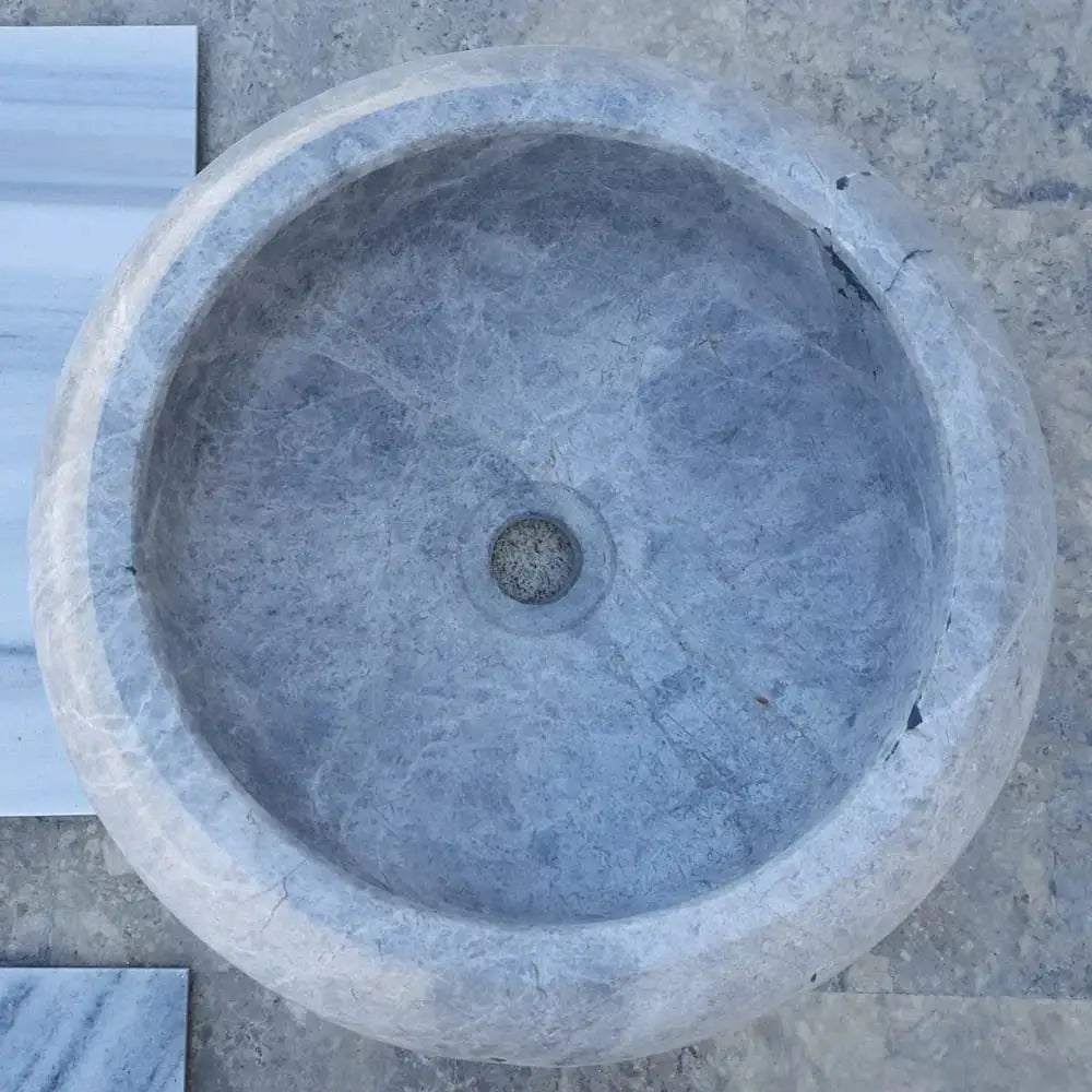 Stone sink, circular bathroom vanity bowl in blue-gray Sirius Silver marble by Villohome