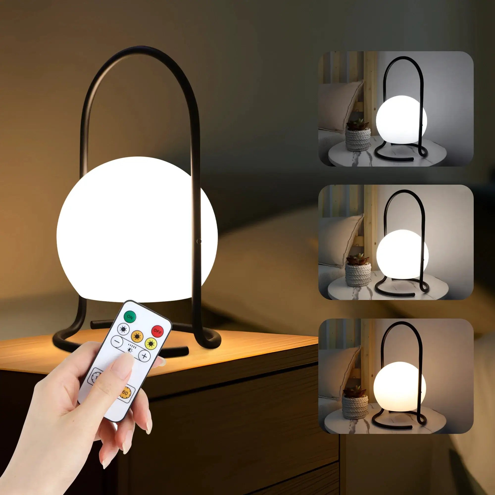 2600mAh portable waterproof table lamp by JHY DESIGN, with black metal arc and white globe plus remote