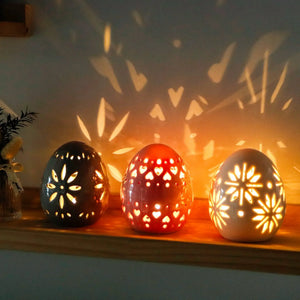 Set of 3 ceramic decorative egg lamps, 4-in high, carved patterns casting shadows, battery-operated, JHY DESIGN