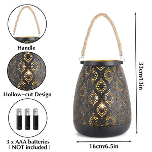8''H Moroccan metal lamp, rope-handle, black with gold brush, battery-operated lantern by JHY DESIGN