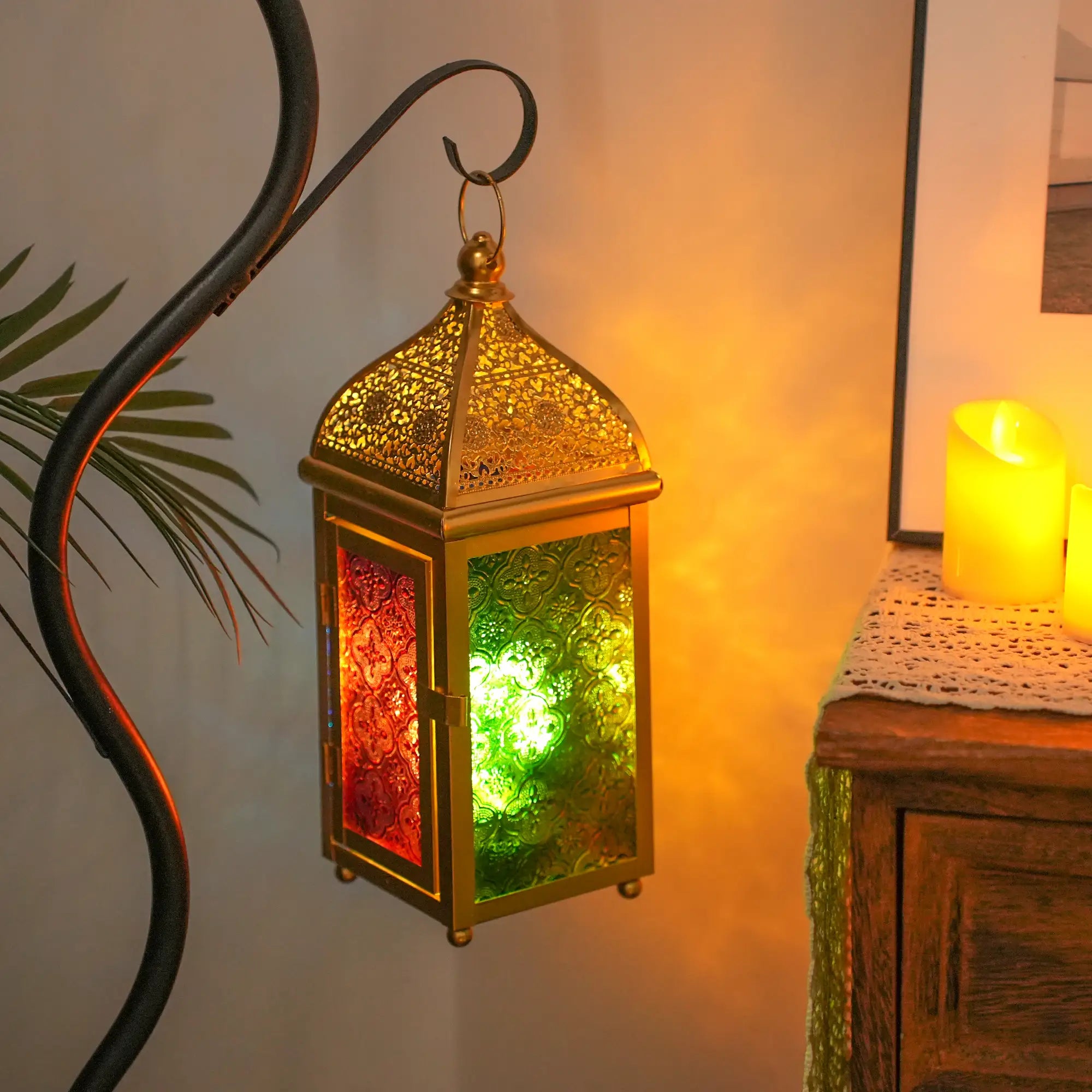 12'' Gold Moroccan Candle Lantern by JHY DESIGN with colorful glass panels.