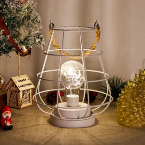 JHY DESIGN cordless battery-operated accent lamp, 8.5-inch tall, white metal cage with Edison-style bulb.