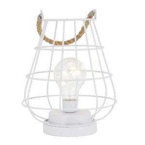 JHY DESIGN cordless accent lamp, 8.5 inches tall, Edison-style bulb in white wire cage.