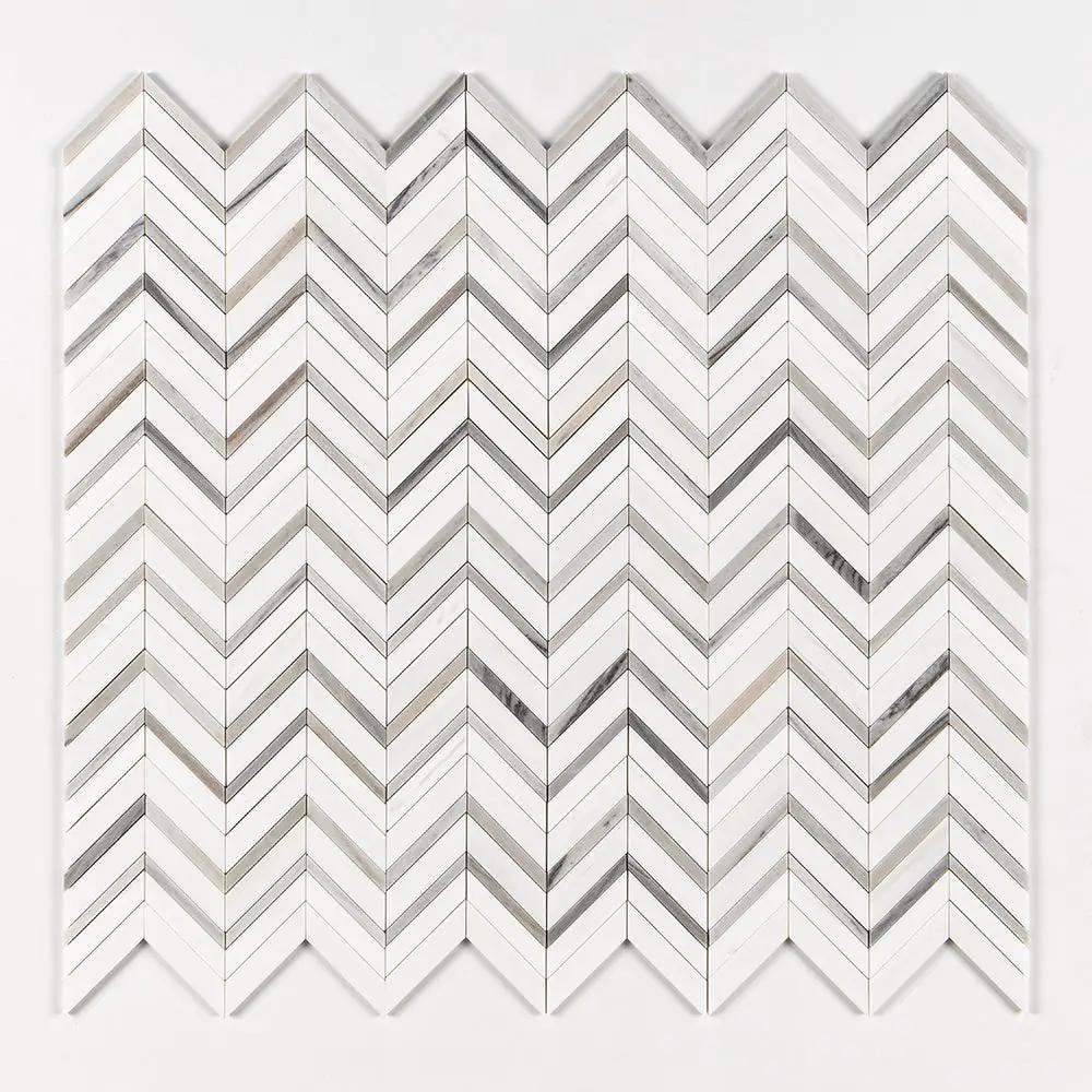 Snow White, Skyline Polished Chevron Fusion Waterjet Marble Mosaics 16x11 7/8