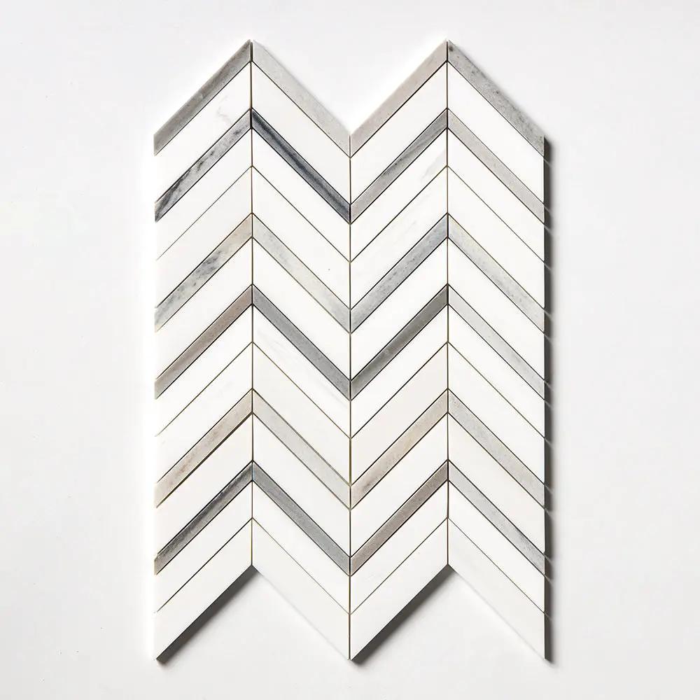Snow White, Skyline Polished Chevron Fusion Waterjet Marble Mosaics 16x11 7/8
