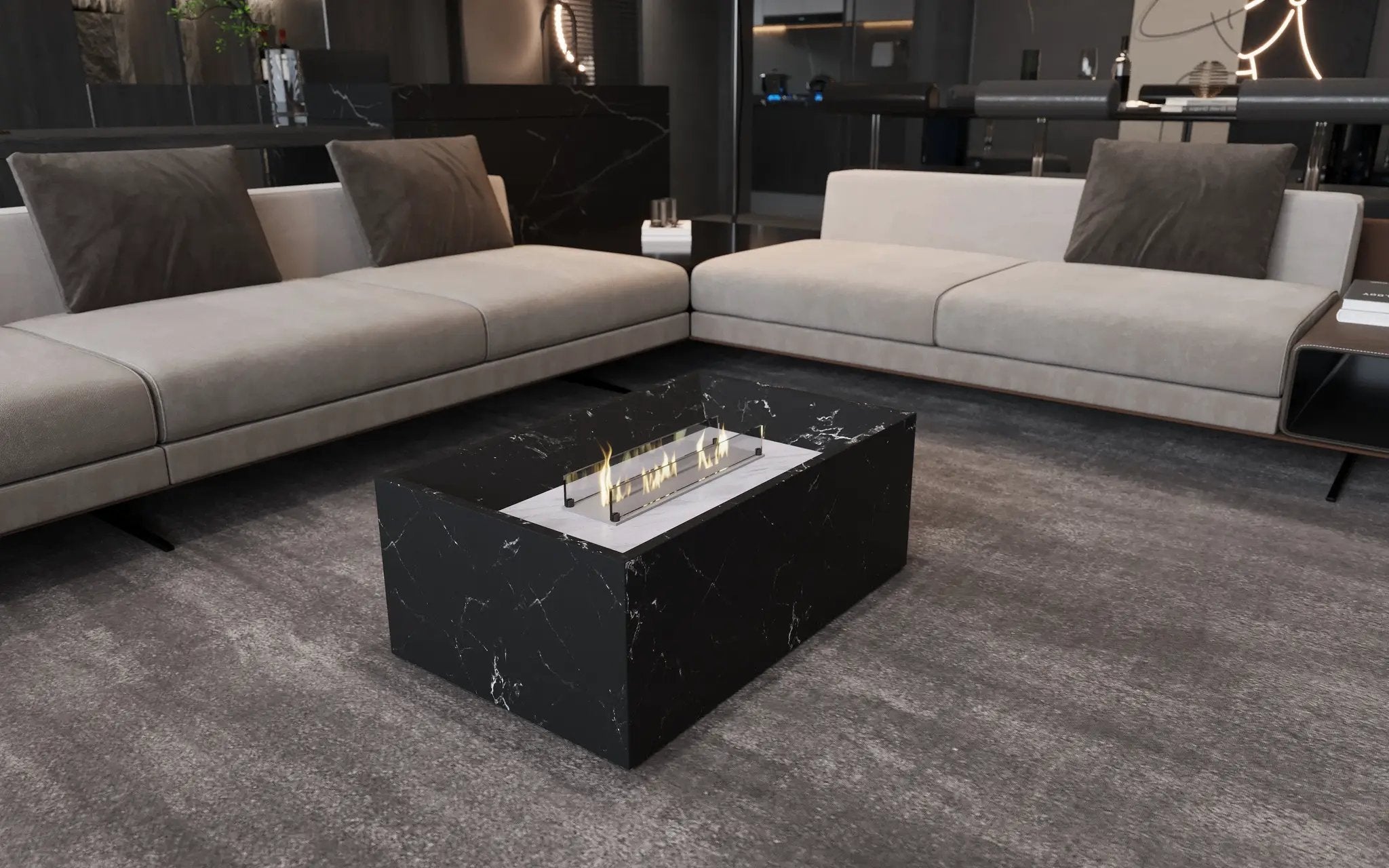 Black marble coffee table with built-in fireplace by MEG Custom Marble (Ziynet A. LLC) in a modern living room with a gray sectional.