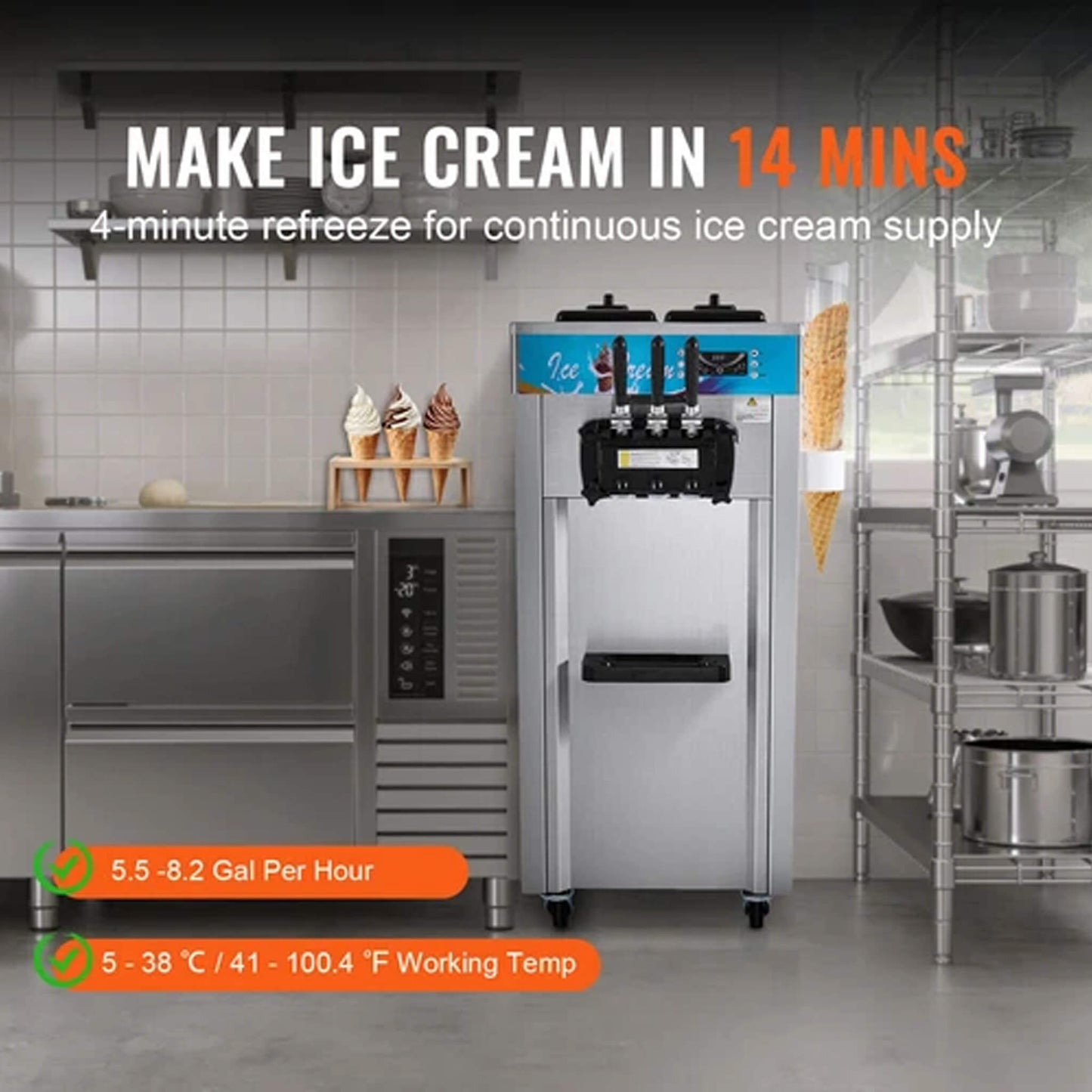 Stainless Steel Commercial 3-Flavor Soft Serve Ice Cream Machine Maker, 21-31 L/H (SAK65291)