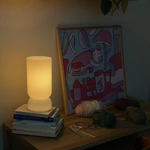 Stance table lamp with ribbed ivory shade and base, resting on a stack of books beside a colorful framed artwork.