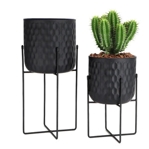 Set of 2 tall black hammered-metal flower pots on matching stands, 12in and 18in high