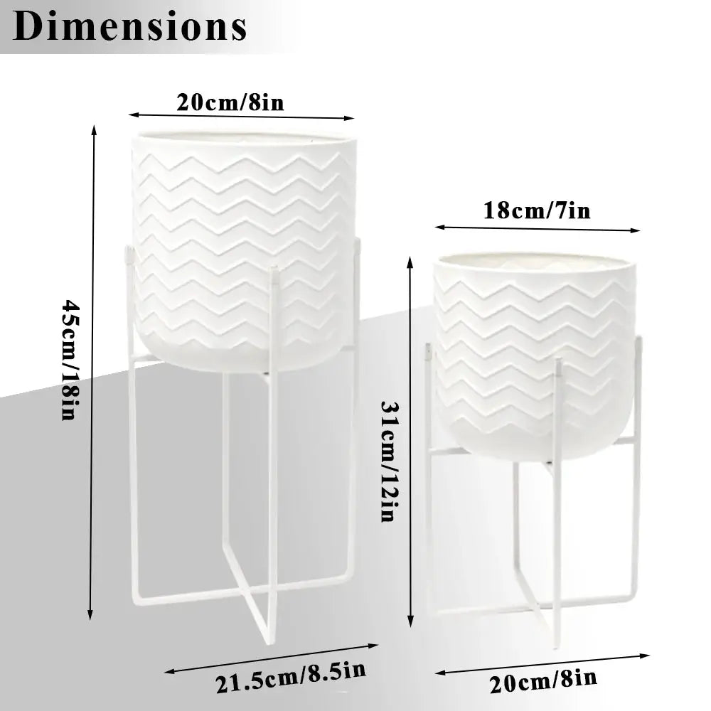 Set of 2 white planters with stands; large 45cm tall and small 31cm tall, zigzag textured surfaces.