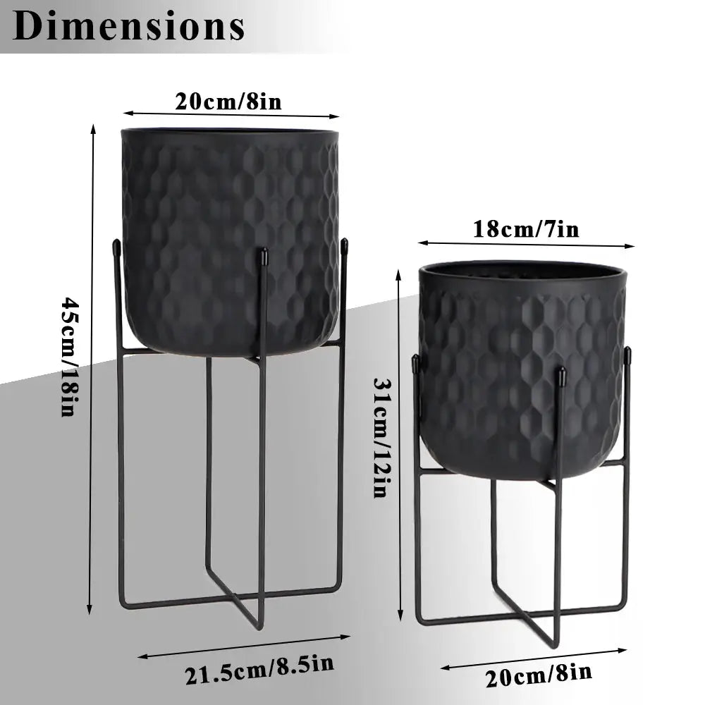 Flower pots set of 2 in black metal on minimalist stands, 12in and 18in tall, JHY DESIGN