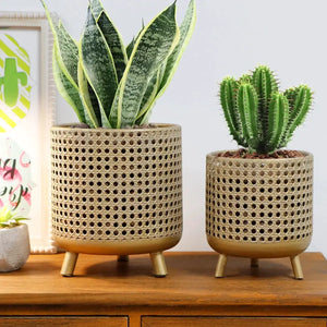 Set of 3 antique gold plant pots with lattice cutout design on short legs.