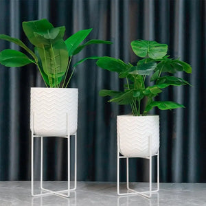Planters with stands; set of 2 bright white pots with zigzag texture on slim metal stands (17 & 12).