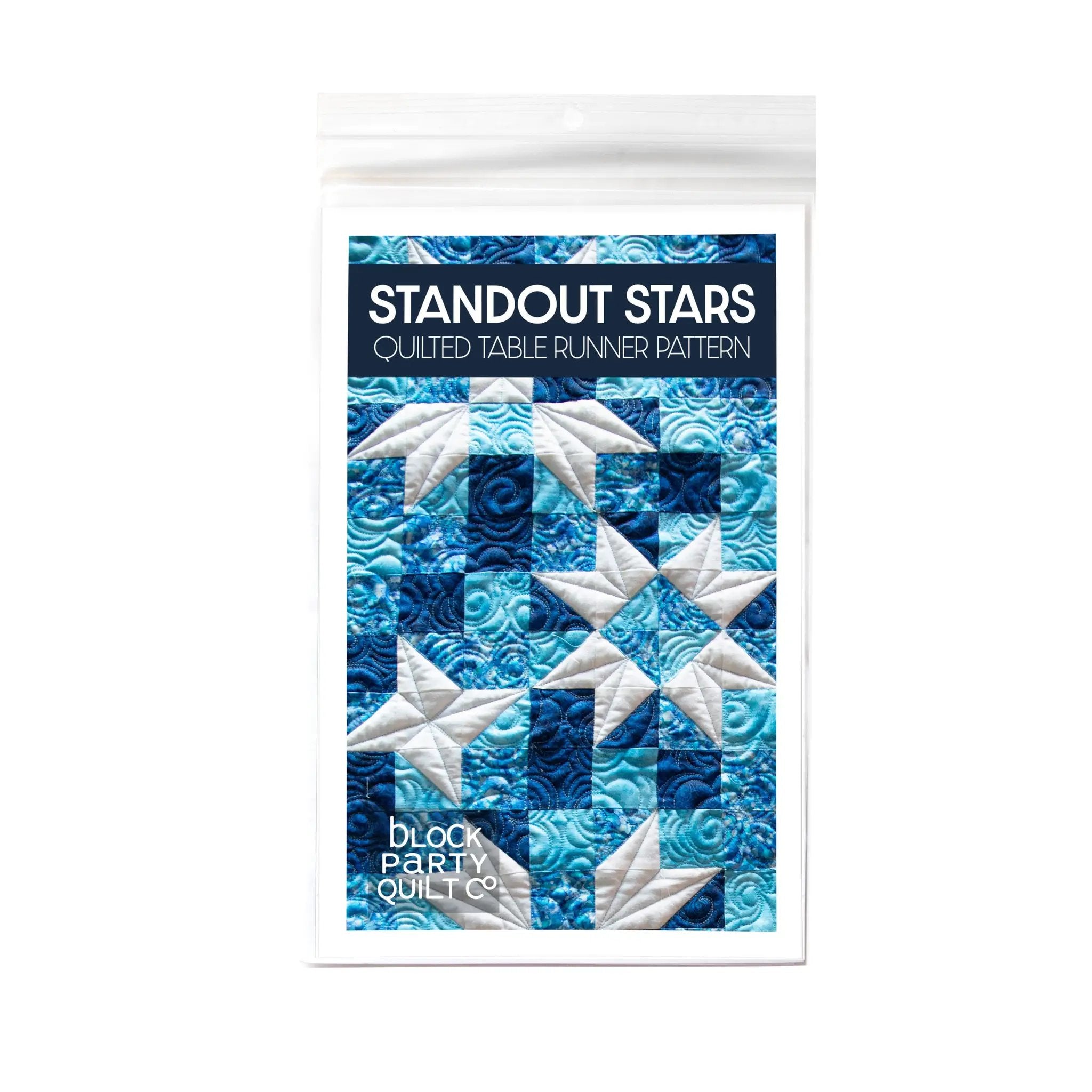 Standout Stars Table Runner Pattern by Block Party Quilt Co; blue star quilt design, finished 14x54