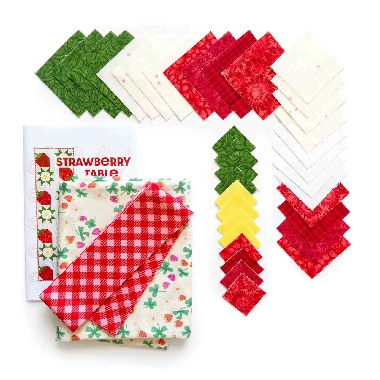Strawberry Table Runner Kit by Block Party Quilt Co; assorted red, green, and cream fabric squares