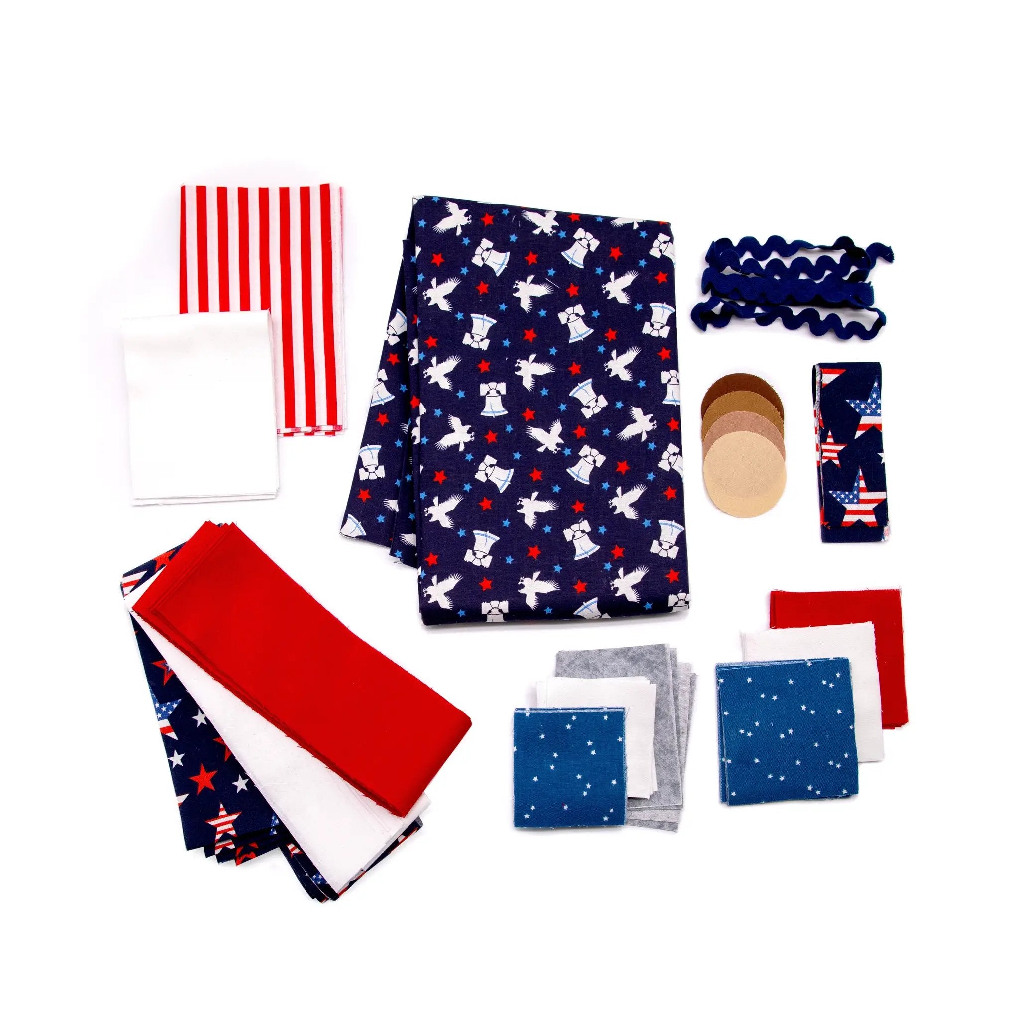 Patriotic Gnomes quilt kit precuts bundle: navy print with white gnomes and stars, red striped fabric, blue accents.