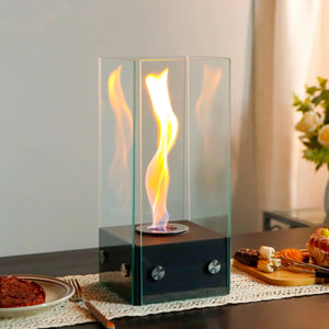 Rectangular glass tabletop firepit by JHY DESIGN, gel/ethanol indoor fireplace with three glass panels, 35cm high.