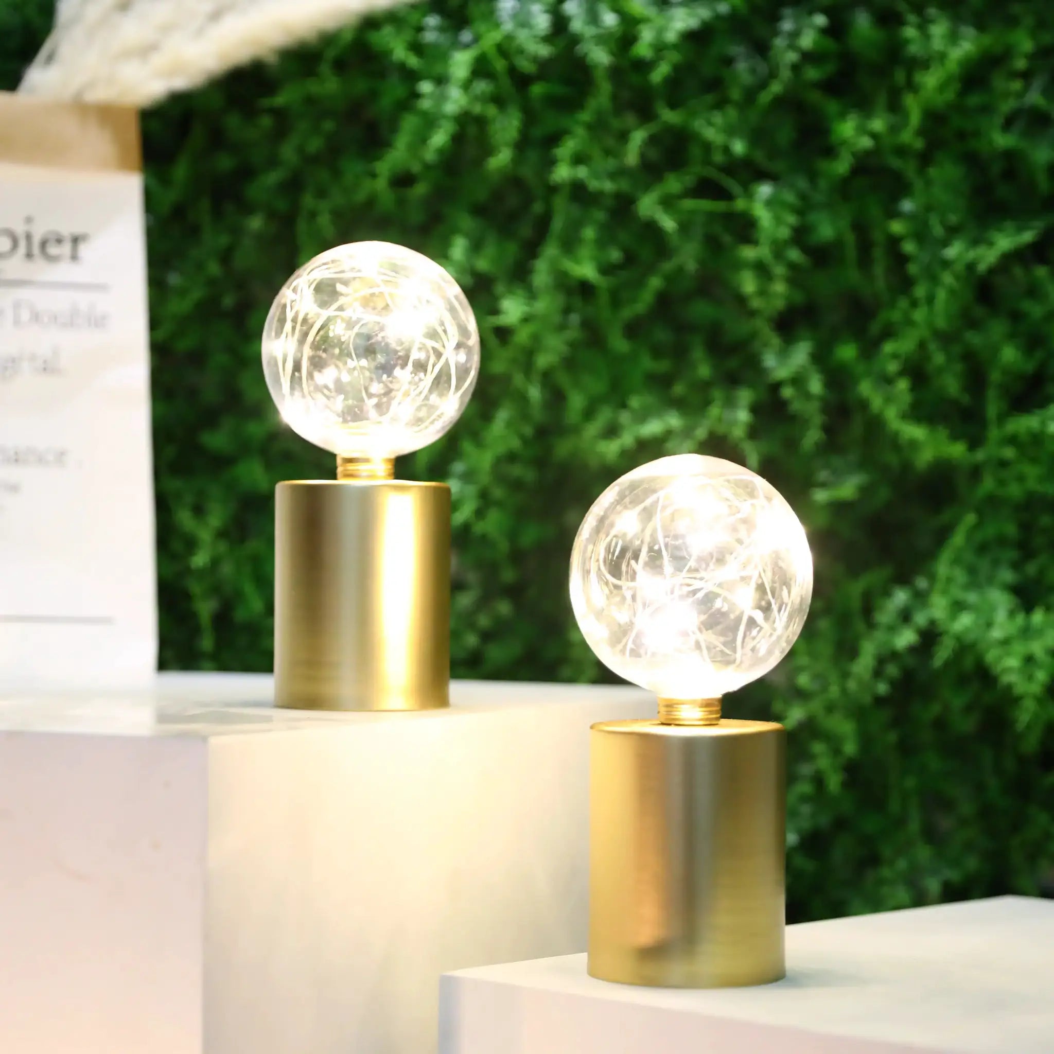8-inch tall gold battery-powered table lamp set of 2 with clear globe bulbs and string lights by JHY DESIGN