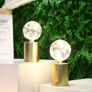 8-inch tall gold battery-powered table lamp set of 2 with clear globe bulbs and string lights by JHY DESIGN