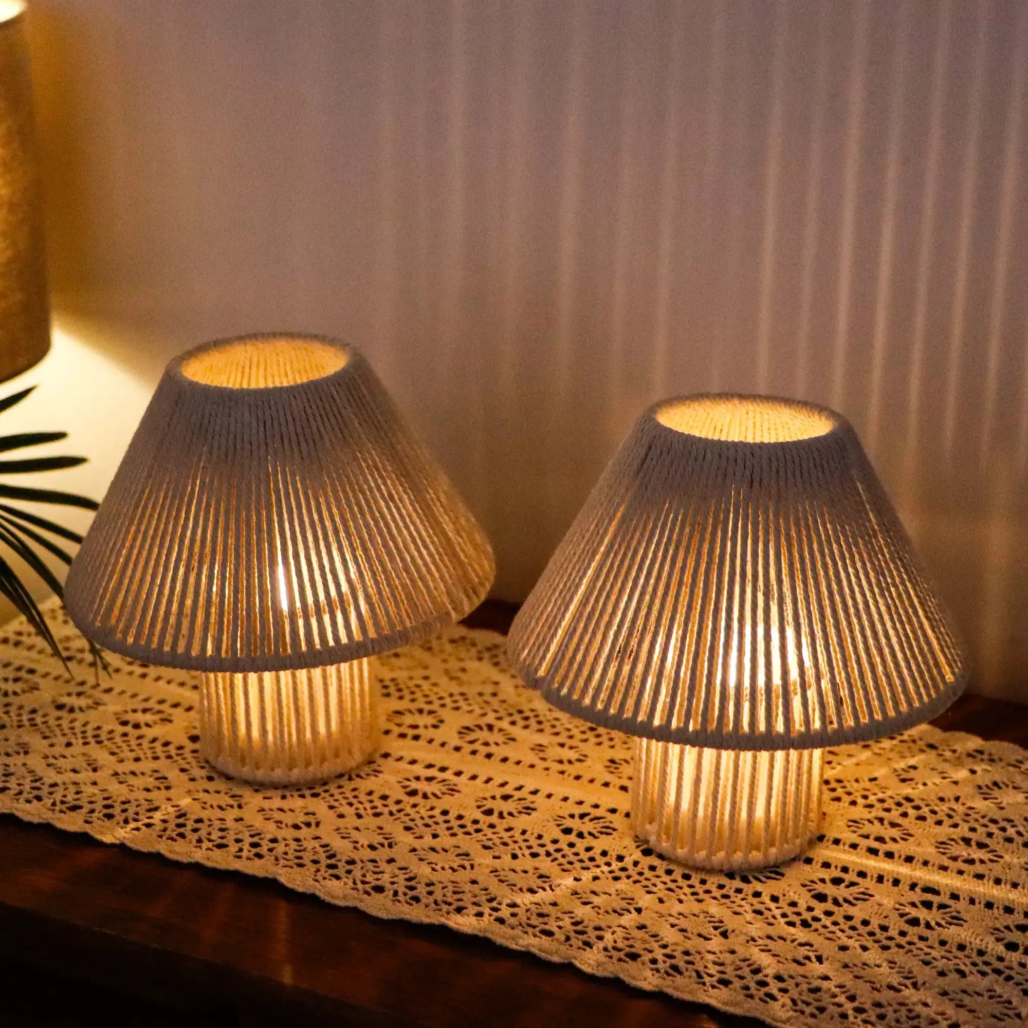 Set of 2 woven cotton rope LED cordless table lamps, natural beige boho style