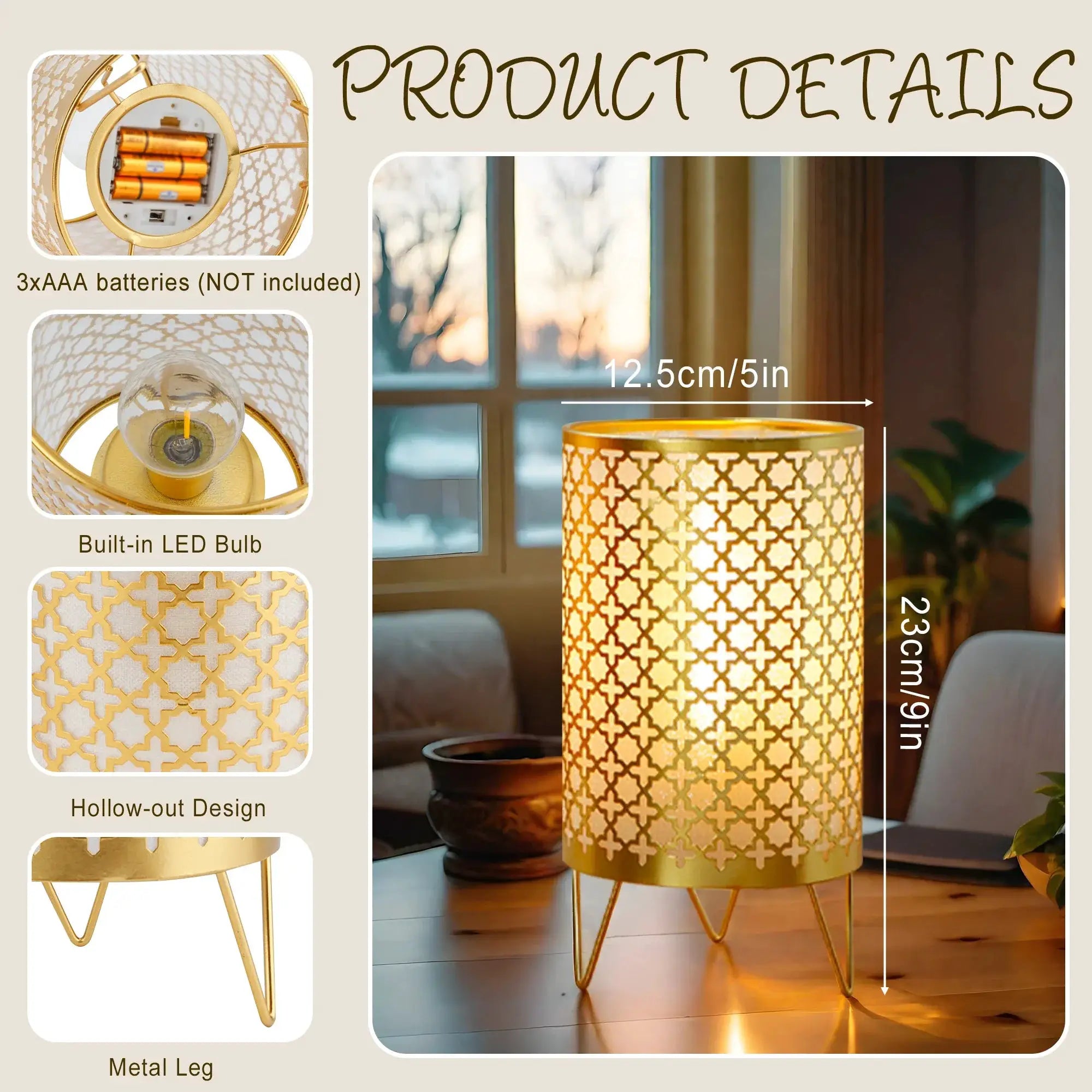 JHY DESIGN battery-operated table lamps, gold, set of 2, 9in tall, hollow lattice with built-in LED and 6-hour timer